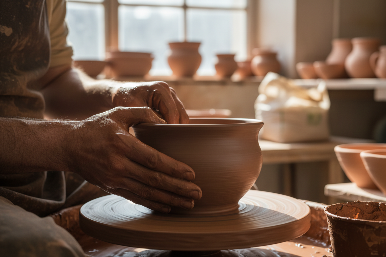 Design a slideshow of photographs for an independent website. Requirements: WebP format, 1920*800px, 2.4:1 aspect ratio, 72dpi resolution. The theme is "The Process & Connection." Core objective: To build trust by demonstrating the time and craftsmanship involved, justifying the $200-$600 pricing. To let clients feel the warmth behind each piece. Visual keywords: earthy, authentic, light and shadow, focus, simplicity. "The Genesis": A pair of hands, covered in wet clay, are shaping a large bowl on a potter'